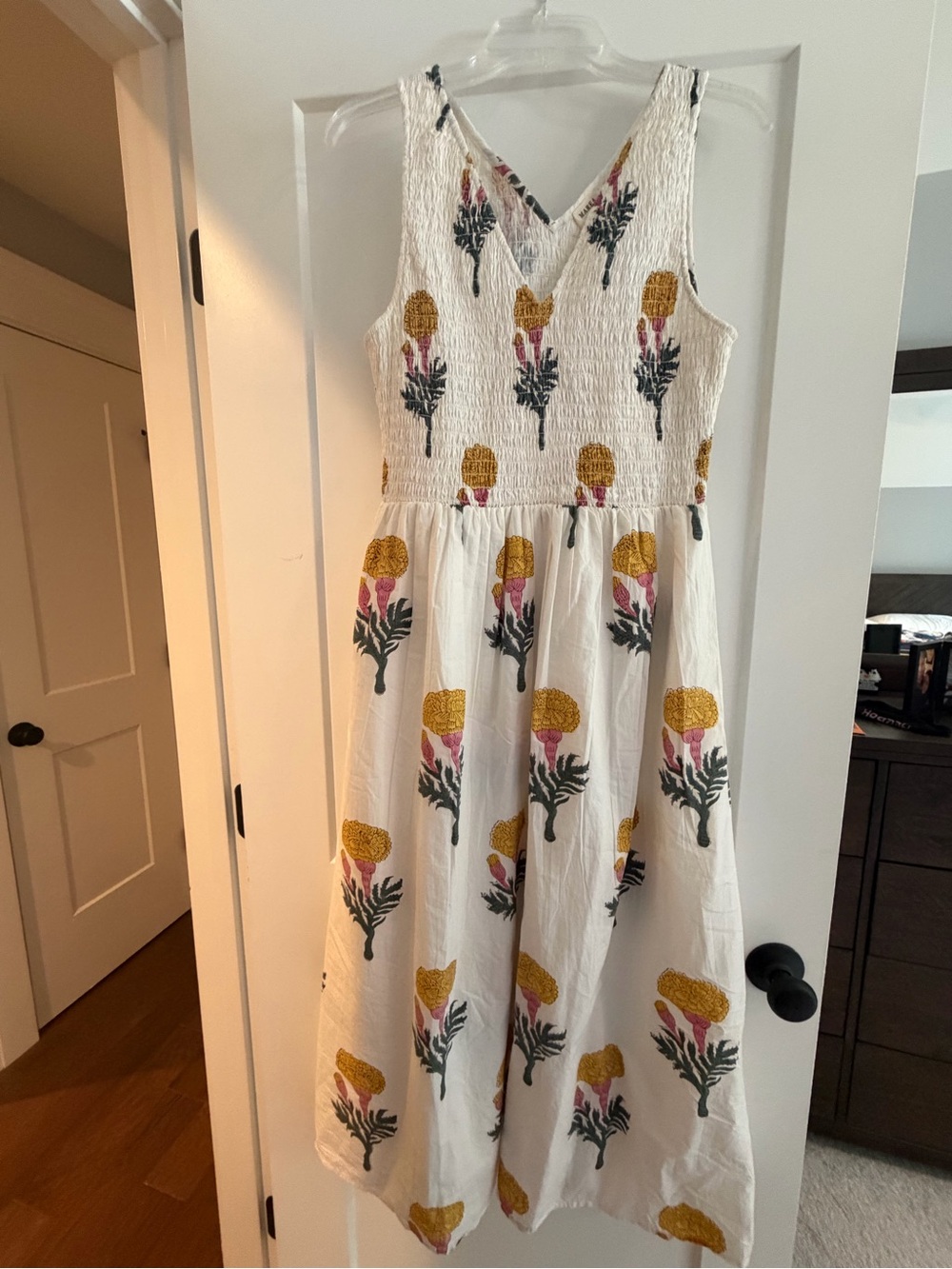 Smocked V-Neck White Maxi Dress with Yellow & Pink Floral Print
